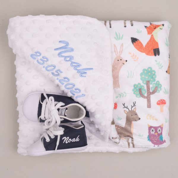 Personalised Forest Minky Blanket & Navy Blue Baby Shoes personalised with the name Noah