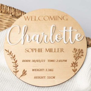 3D Birth Details Announcement Disc Light personalised with the name Charlotte.