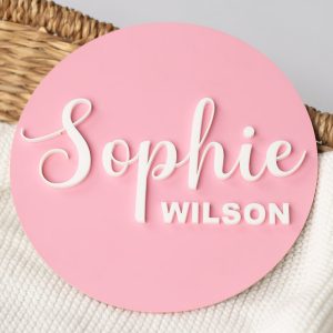Acrylic Blush Pink Baby Name Plaque with girls name Sophie.