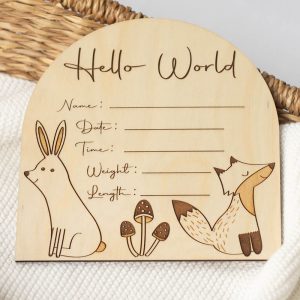 Personalised baby name plaque hello world minky animals birth announcement disc.