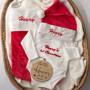 4 Piece Personalised Baby Christmas Gift with Christmas Hat and Stocking with Baby romper and My first christmas wooden disc with name Henry