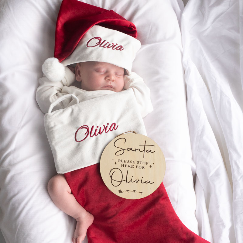 Personalised Burgundy Baby Hat & Stockings With Please Stop Here Sign