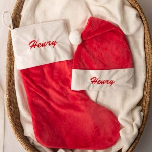 Red Baby Christmas Hat & Stocking with baby name Henry embroided in red with baby basked
