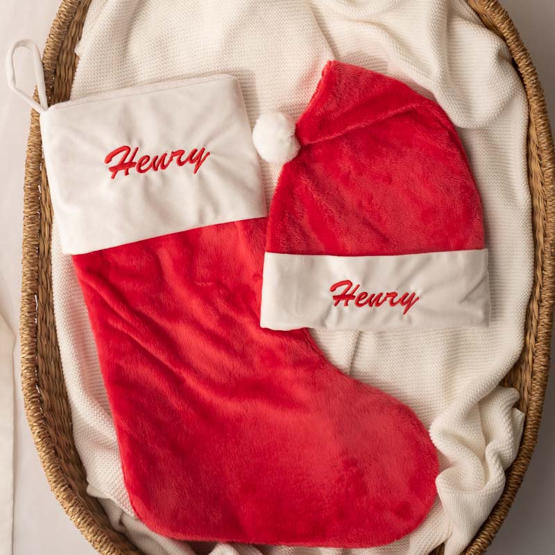 Red Baby Christmas Hat & Stocking with baby name Henry embroided in red with baby basked