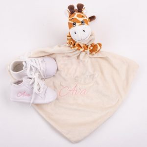 Giraffe Baby Comforter & White Shoes baby's gift set personalised in pink with the name Ava