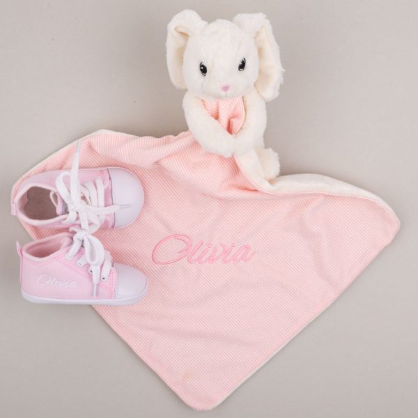 White & pink bunny baby comforter & pink baby shoes both personalised with the name Ella