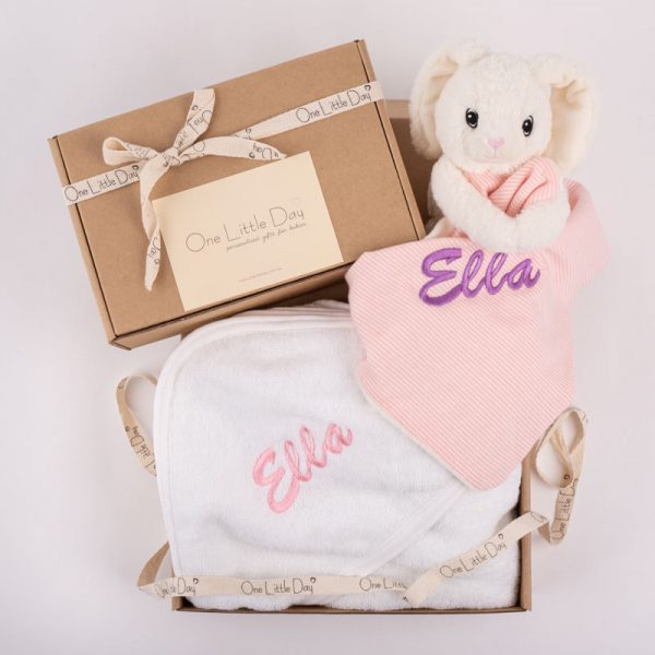 Personalised Hooded Baby Towel & Bunny Gift Box embroidered with Ella