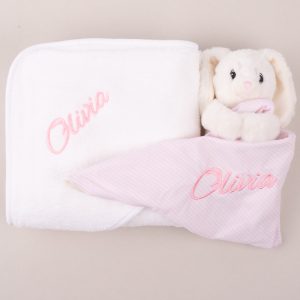 Personalised Hooded Baby Towel & Bunny Gift Box with the name Olivia.