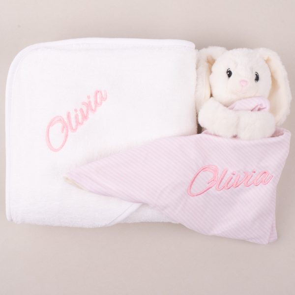 Personalised Hooded Baby Towel & Bunny Gift Box with the name Olivia.