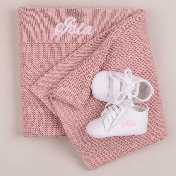 Personalised Blush Pink Knitted Blanket & Shoes Baby Girl Gift embroidered with Isla.