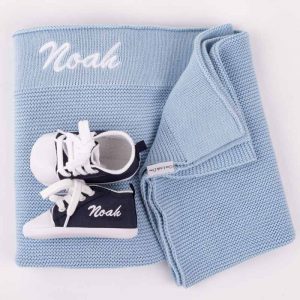 Personalised Blue Knitted Blanket & Shoes Newborn Gift Box embroidered with Noah