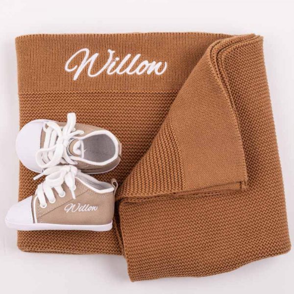 Personalised Brown Knitted Blanket & Shoes New Baby Gift Box embroidered with the name Willow
