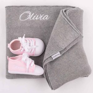 Grey Knitted Blanket, Bunny Comforter & Shoes Baby Gift Box personalised with the name Olivia
