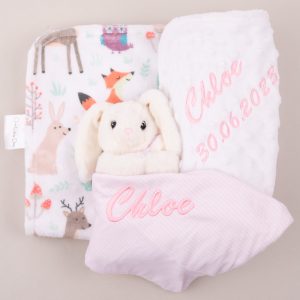 Personalised Forest Minky Blanket & Bunny Comforter Baby Gift embroidered with Chloe.
