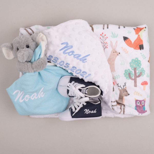 Forest Minky, Elephant Comforter & Shoes Baby Gift embroidered with the name Noah