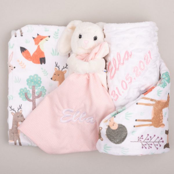 Personalised Forest Minky Blanket & Bunny Comforter Baby Gift embroidered with Ella