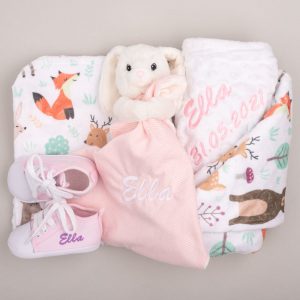Personalised Forest Minky, Bunny Comforter & Shoes Baby Gift embroidered with Ella