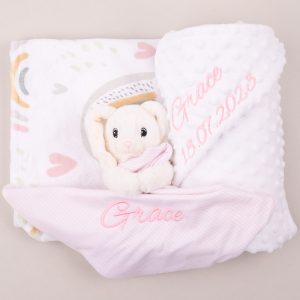 Personalised Forest Rainbow & Heart Blanket & Bunny Comforter Baby Girl Gift personalised with the name Grace.