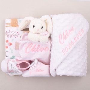 Personalised Forest Minky, Bunny Comforter and Shoes Baby Gift embroidered with Chloe.