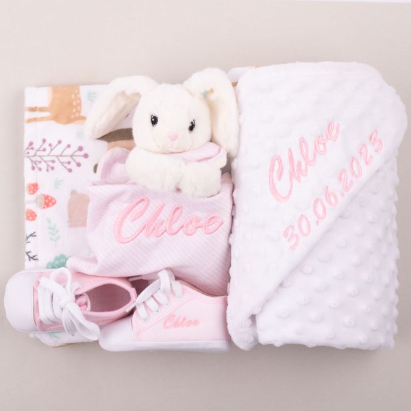 Personalised Forest Minky, Bunny Comforter and Shoes Baby Gift embroidered with Chloe.