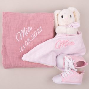 Personalised Pink Muslin Wrap, comforter & Pink Shoes Baby Girl Gift personalised with the name Mia.
