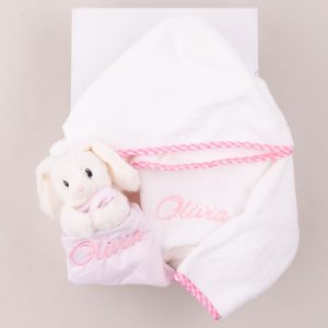 Pink Gingham Baby Robe & Bunny Comforter Gift Box personalised with Olivia