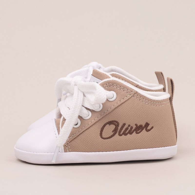 Personalised Sand Baby Shoes embroidered with Oliver