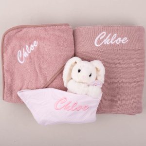 Blush Pink Knitted Blanket, Blush Pink Hooded Towel and Bunny Baby Gift embroidered with Chloe.