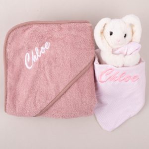 Personalised Blush Pink Hooded Towel and White Bunny Baby Gift embroidered with Chloe.