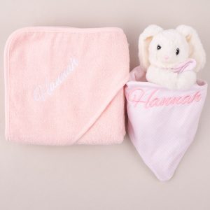 Personalised Pink Hooded Towel & White Bunny Baby Gift embroidered with Hannah.