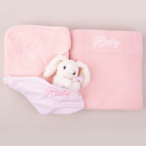 Pink Knitted Blanket, Bunny Comforter and Pink Hooded Towel Baby Gift embroidered with Ruby.