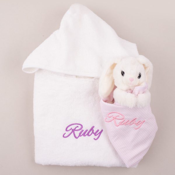 Personalised White Hooded Baby Poncho & Bunny Gift Box personalised with the name Ruby.