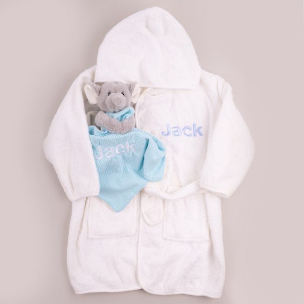 White hooded robe personalised & elephant comforter personalised with the name Jack