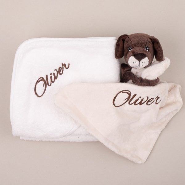 White Baby Towel Puppy Personalised White Hooded Towel and Puppy Comforter Baby Gift embroidered with Oliver.