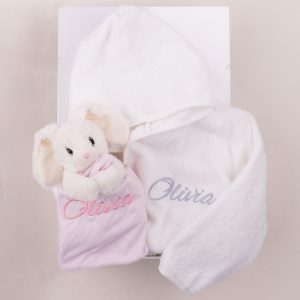 Personalised White Hooded Robe & Bunny Baby Gift Box.