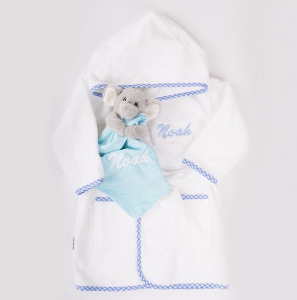 Blue Gingham Hooded Robe & Elephant Comforter Baby Gift personalised with the name Noah