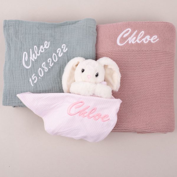 Blush Pink Blanket, Green Sage Wrap and Bunny Personalised Baby Gift embroidered with Chloe.