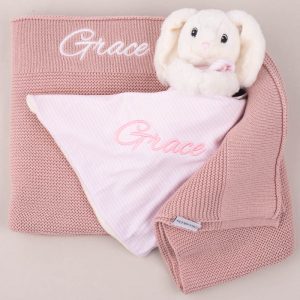 Blush Pink Blanket & Bunny Baby Girl Gift Personalised with the name Grace.