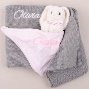Personalised Grey Knitted Blanket & Bunny Baby Gift Box baby gift for girls.