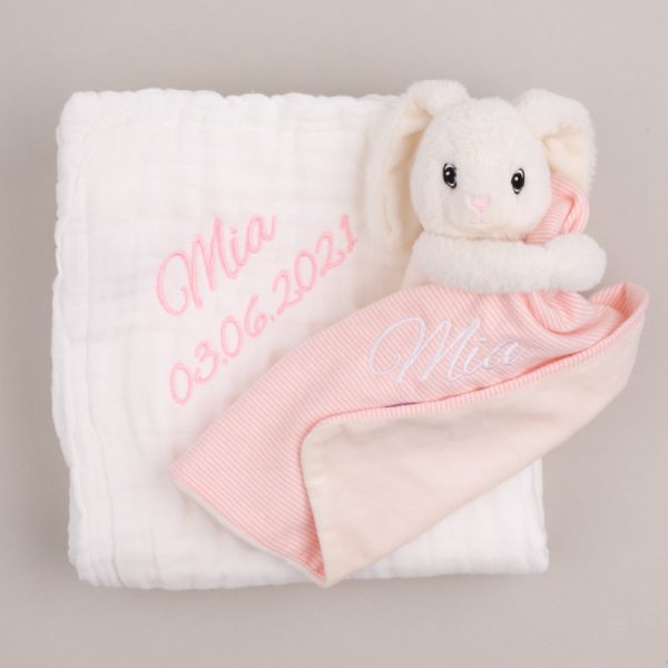 White muslin baby's blanket & bunny comforter both personalised with the name Mia