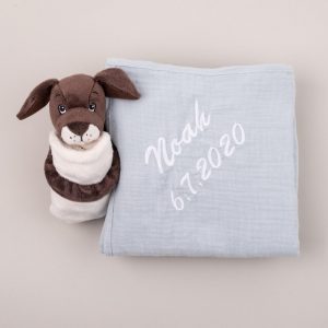 Personalised Light Blue Muslin Wrap & Puppy Baby Comforter personalised with the name Noah