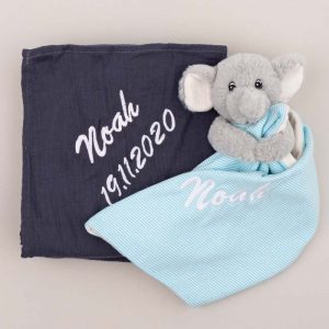 Personalised Navy Blue Muslin Wrap & Elephant Baby Comforter personalised with the name Noah