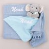 Personalised Blue Knitted Blanket & Elephant Newborn Baby Gift embroidered with the name Noah