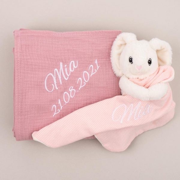 Personalised Pink Muslin Wrap & Bunny Baby Comforter personalised with the name Mia
