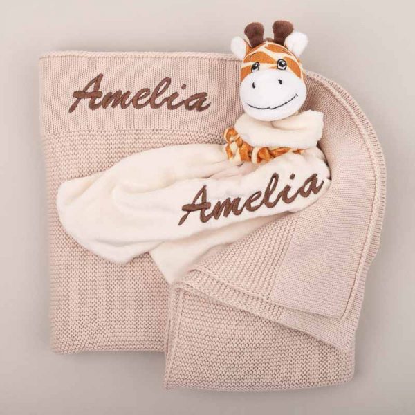 Beige Knitted Blanket & Giraffe Comforter Personalised Baby Gift embroidered with the name Amelia