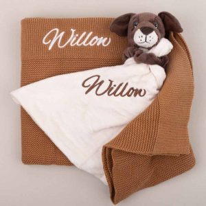 Personalised Brown Knitted Blanket & Puppy Baby Newborn embroidered with the name Willow