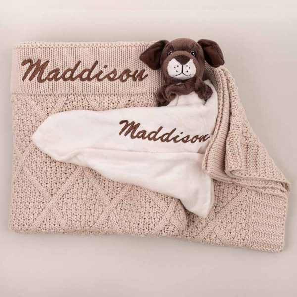Personalised Beige Diamond Knitted Blanket & Puppy Comforter personalsied with the name Maddison