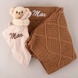 Personalised Brown Diamond Knitted Blanket & Bear Baby Gift embroidered with the name Max