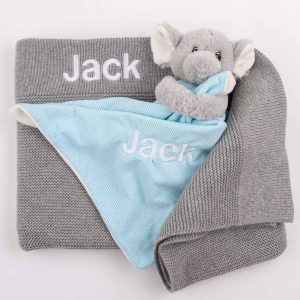 Personalised Grey Knitted Blanket & Elephant Comforter both embroidered with the name Jack.