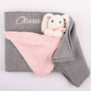 Personalised Grey Knitted Blanket & Bunny Comforter Both personalised with the name Olivia